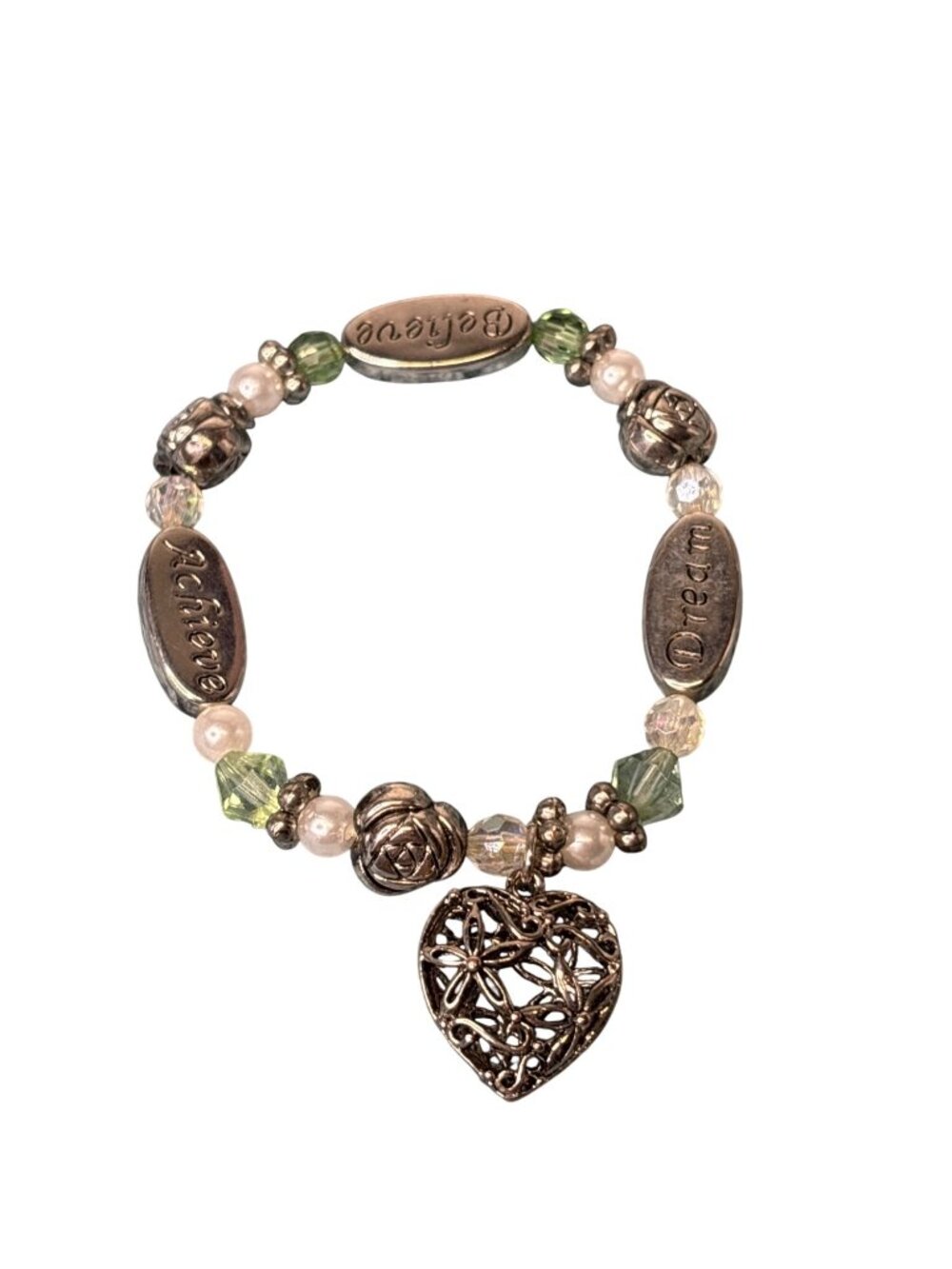 Beaded Bracelet Floral Heart Charm Faux Pearl Plastic Dream Believe Achieve